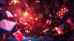 um fundo vermelho e preto com cartas de jogo voando no ar brilhando com efeitos de luz rosa 1175634 10489