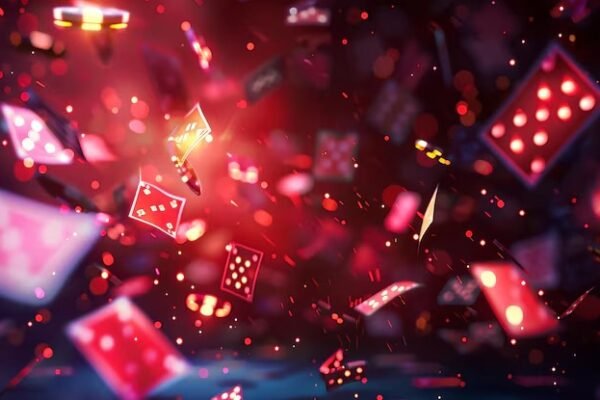 BetFusion é exemplo de inovação e segurança em apostas e cassino online um fundo vermelho e preto com cartas de jogo voando no ar brilhando com efeitos de luz rosa 1175634 10489