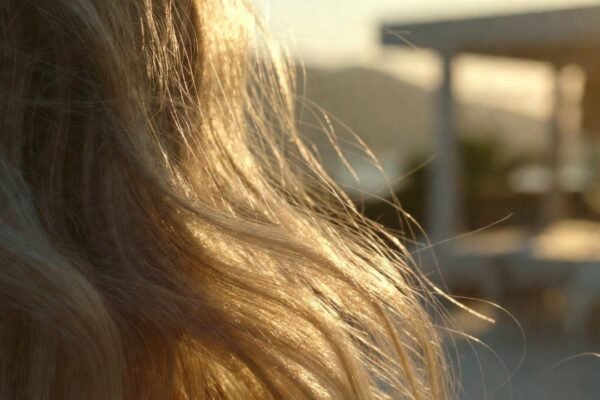 Mulher loira com cabelo brilhante e saudável em um ambiente de spa luxuoso em Balneário Camboriú, luz solar suave de fim de tarde, estética minimalista tons bege e dourado.